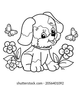 Coloring Page Outline Of cartoon little dog on flower clearing. Cute puppy with butterfly. Pet. Coloring book for kids