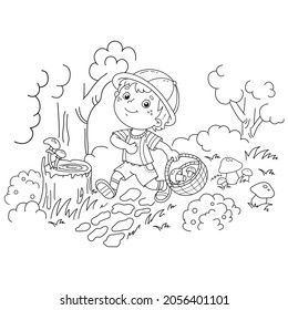 Coloring Page Outline Of cartoon little boy with a basket for mushrooms in the forest. Coloring Book for kids.