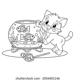 Coloring Page Outline Of cartoon little cat with aquarium with color fish. Cute playful kitten. Pet. Coloring book for kids