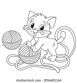 Coloring Page Outline Of cartoon little cat with balls of yarn. Cute playful kitten. Pet. Coloring book for kids