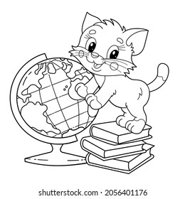 Coloring Page Outline Of cartoon little cat with school supplies. Cute kitten with globe and books. Coloring book for kids