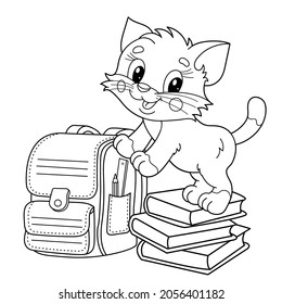 Coloring Page Outline Of Cartoon Little Cat With School Supplies. Cute Kitten With Satchel And Books. Coloring Book For Kids