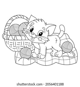 Coloring Page Outline Of cartoon little cat with basket for knitting. Cute playful kitten with balls of yarn. Pet. Coloring book for kids