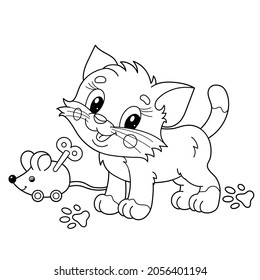 Coloring Page Outline Of cartoon little cat with toy clockwork mouse. Cute playful kitten. Pet. Coloring book for kids