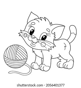 Coloring Page Outline Of cartoon little cat with ball of yarn. Cute playful kitten. Pet. Coloring book for kids