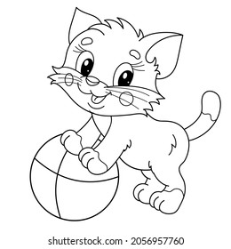 Coloring Page Outline Of cartoon little cat with toy ball. Cute playful kitten. Pet. Coloring book for kids