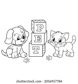 Coloring Page Outline Of cartoon little dog and cat with toy cubes. Cute puppy and kitten. Pets. Coloring book for kids