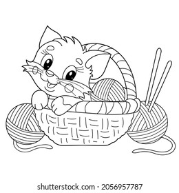 Coloring Page Outline Of Cartoon Little Cat In Basket With Balls Of Yarn. Cute Kitten. Pet. Coloring Book For Kids