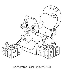 Coloring Page Outline Of cartoon little cat with presents and balloons. Cute kitten as a birthday gift. Pet. Coloring book for kids