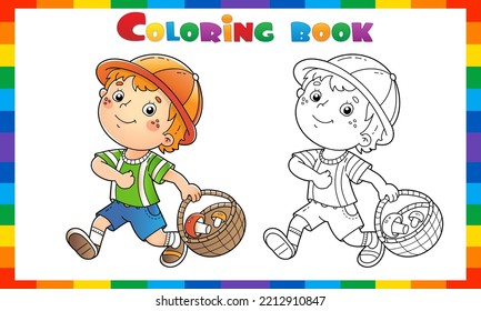 Coloring Page Outline Of cartoon little boy with a basket for mushrooms. Coloring Book for kids.