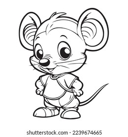 Colorante Esbozo de página del pequeño ratón Cute de dibujos animados. Libro de Colores para niños, Libro de ilustraciones de arte en línea de vectores en blanco y negro, Aislado en un fondo blanco, Educación animal feliz para niños.