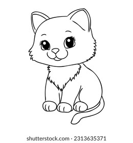 Coloring Page Outline Of cartoon little cat on flower clearing. Cute kitten with butterfly. Pet. Coloring book for kids