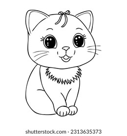 Coloring Page Outline Of cartoon little cat on flower clearing. Cute kitten with butterfly. Pet. Coloring book for kids
