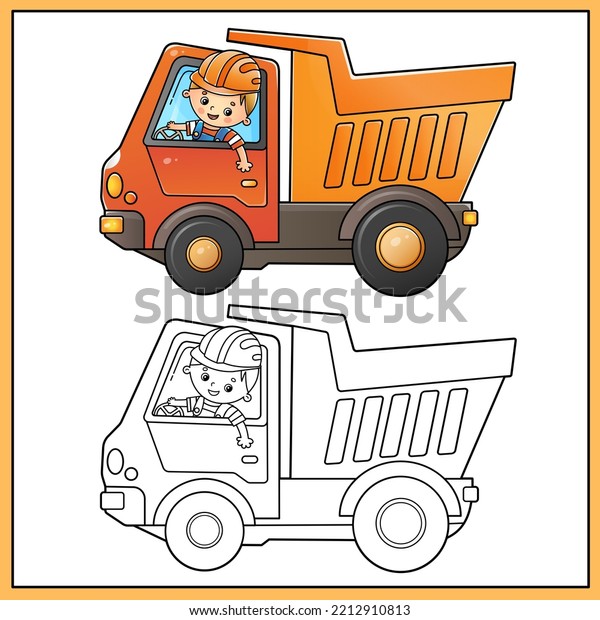 Coloring
Page Outline Of cartoon lorry or dump truck with worker.
Construction vehicles. Coloring book for kids. 
