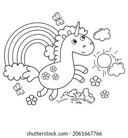 Coloring Page Outline Of cartoon lovely magic unicorn. Fairy tale hero or character. Coloring Book for kids.