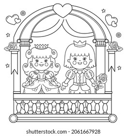 Coloring Page Outline Of cartoon lovely prince with beautiful princess. Royal wedding. Cinderella. Fairy tale hero or character. Coloring Book for kids.