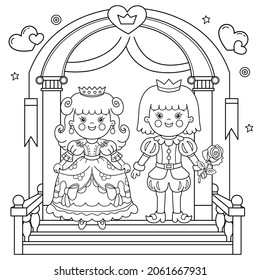 Coloring Page Outline Of Cartoon Lovely Prince With Beautiful Princess. Royal Wedding. Cinderella. Fairy Tale Hero Or Character. Coloring Book For Kids.