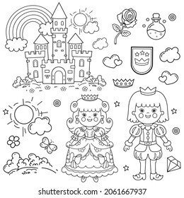 Coloring Page Outline Of cartoon lovely prince with beautiful princess. Royal castle. Fairy tale heroes or characters. Coloring Book for kids.