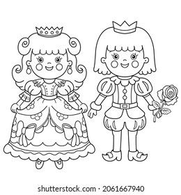 Coloring Page Outline Of Cartoon Lovely Prince With Beautiful Princess. Royal Wedding. Cinderella. Fairy Tale Hero Or Character. Coloring Book For Kids.