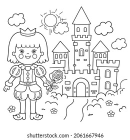 Coloring Page Outline Of cartoon lovely prince with magic rose. Beautiful young king. Royal castle or palace. Fairy tale hero or character. Coloring Book for kids.