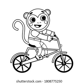 Coloring page outline of cartoon monkey on bicycle. Vector image on white background. Coloring book of transport for kids.