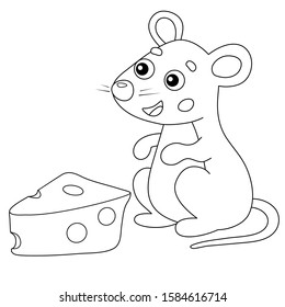 Coloring Page Outline of cartoon mouse with cheese. Animals. Coloring book for kids.