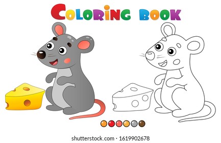 Coloring Page Outline of cartoon mouse with cheese. Animals. Coloring book for kids.