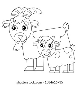 Coloring Page Outline of cartoon nanny goat with kid. Farm animals. Coloring book for kids.