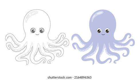 Coloring page outline of cartoon octopus. Coloring book for children. Funny vector ocean animals, fish. Simple flat illustration.