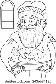 Coloring page outline of the cartoon old man in hat with roast goose. Colorful vector illustration, summers coloring book for kids.