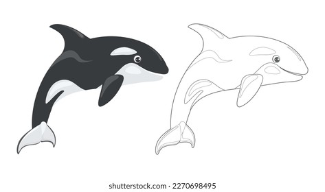 Coloring page outline of cartoon Orca whale. Killer whale spirit. Cartoon sea animal. Simple flat illustration. Coloring book for children.