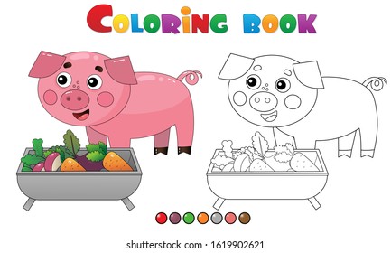 Coloring Page Outline of cartoon pig or swine with food. Farm animals. Coloring book for kids.