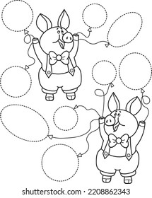 Coloring page outline of cartoon pigs. Educational exercise, preschool worksheet for practicing fine motor skills, tracing dashed lines, colorful vector illustration, coloring book for kids.