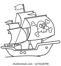 Coloring Page Outline Of Cartoon pirate ship  Sailboat and black sails and skull in sea drawing  Coloring book for kids 