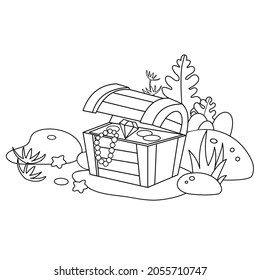 Coloring Page Outline of cartoon pirate chest with gold, jewel or gem and diamond. Sunken treasure. Marine underwater world. Coloring Book for kids.