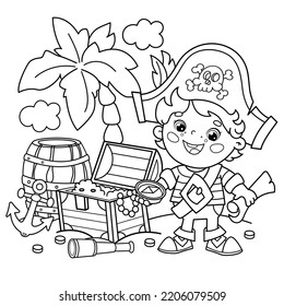 Coloring Page Outline Of Cartoon pirate with chest of treasure. Island of treasure. Coloring book for kids.