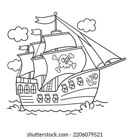 Coloring Page Outline Of Cartoon pirate ship. Sailboat with black sails with skull in sea drawing. Coloring book for kids.