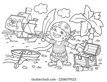 Coloring Page Outline Of Cartoon pirate on treasure island. Pirate ship or sailboat with black sails with skull in sea. Coloring book for kids.