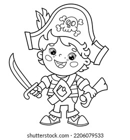 Coloring Page Outline Of Cartoon pirate with saber and with map of treasure. Coloring book for kids.