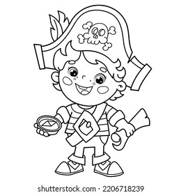 Coloring Page Outline Of Cartoon pirate with map of treasure. Coloring book for kids.