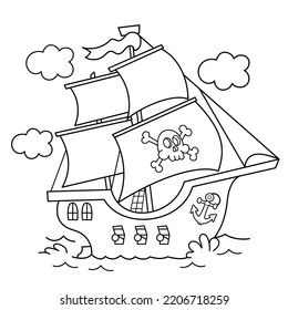 Esquema De La Página De Colores De La Caricatura De La nave pirata. Barco de vela con velas negras con cráneo en dibujo marítimo. Libro de colorear para niños.