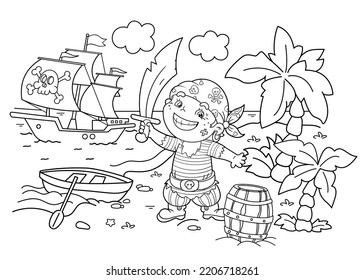 Esbozo de página de color del pirata de caricatura en la isla del tesoro. Barco pirata o velero con velas negras con cráneo en el mar. Libro de colorear para niños.