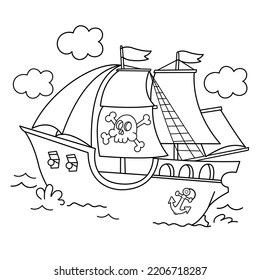 Coloring Page Outline Of Cartoon pirate ship. Sailboat with black sails with skull in sea drawing. Coloring book for kids.