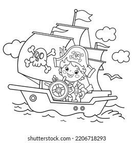 Coloring Page Outline Of Cartoon pirate on pirate ship or sailboat with black sails with skull in sea. Coloring book for kids.