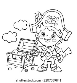 Coloring Page Outline Of Cartoon pirate with chest of treasure. Island of treasure. Coloring book for kids.
