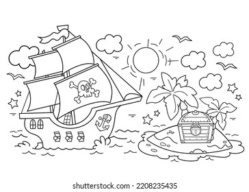 Coloring Page Outline Of Cartoon pirate ship and treasure island  Sailboat and black sails and skull in sea  Coloring book for kids 