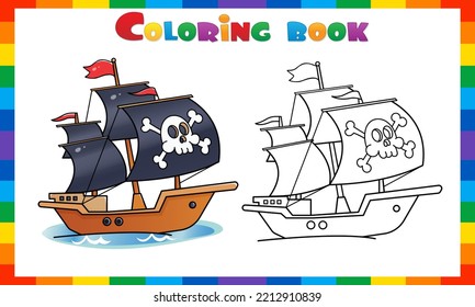 Coloring Page Outline Of Cartoon pirate ship  Sailboat and black sails and skull in sea drawing  Coloring book for kids 