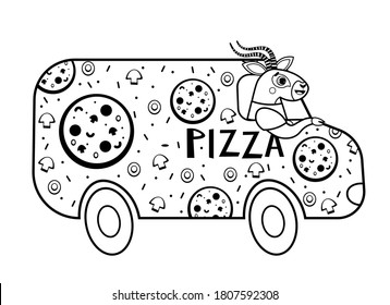 Coloring page outline of cartoon pizza delivery with animal. Vector image on white background. Coloring book of transport for kids.