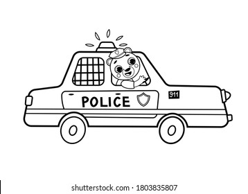 Coloring page outline of cartoon police car with animal. Vector image on white background. Coloring book of transport for kids.