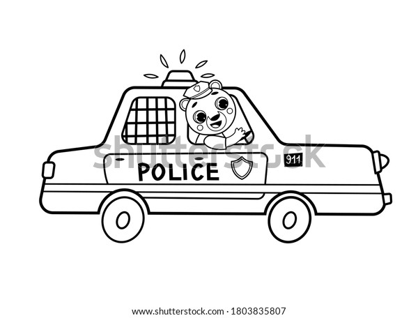 Coloring page outline of cartoon police car with\
animal. Vector image on white background. Coloring book of\
transport for kids.